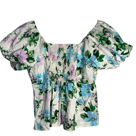 Old Navy Puff Sleeve White Floral SS Vee Trapeze Blouse Size Large - Picture 3 of 8